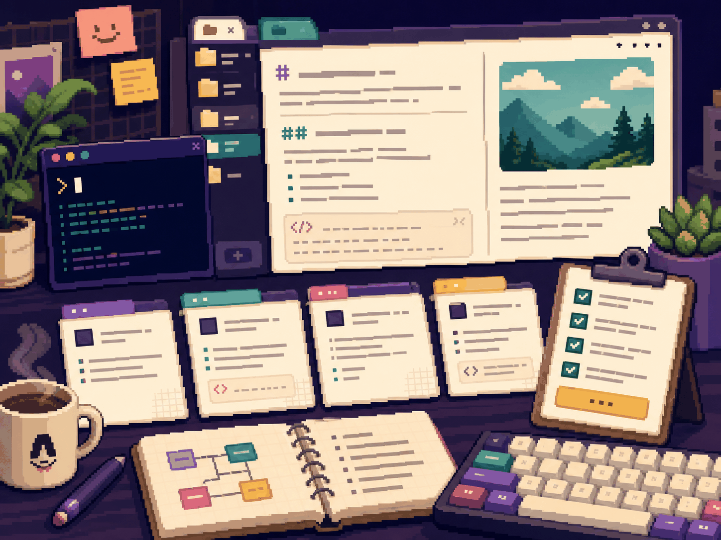 Pixel art local content studio with markdown cards and checklist.