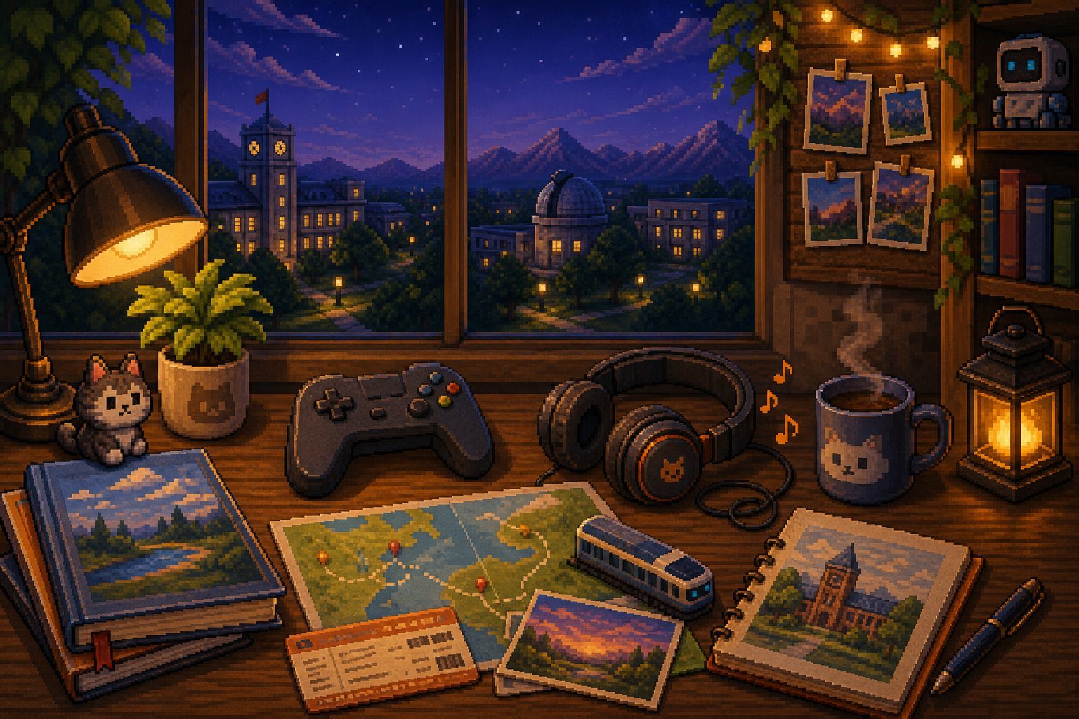 Pixel art desk with games music travel and campus life objects.