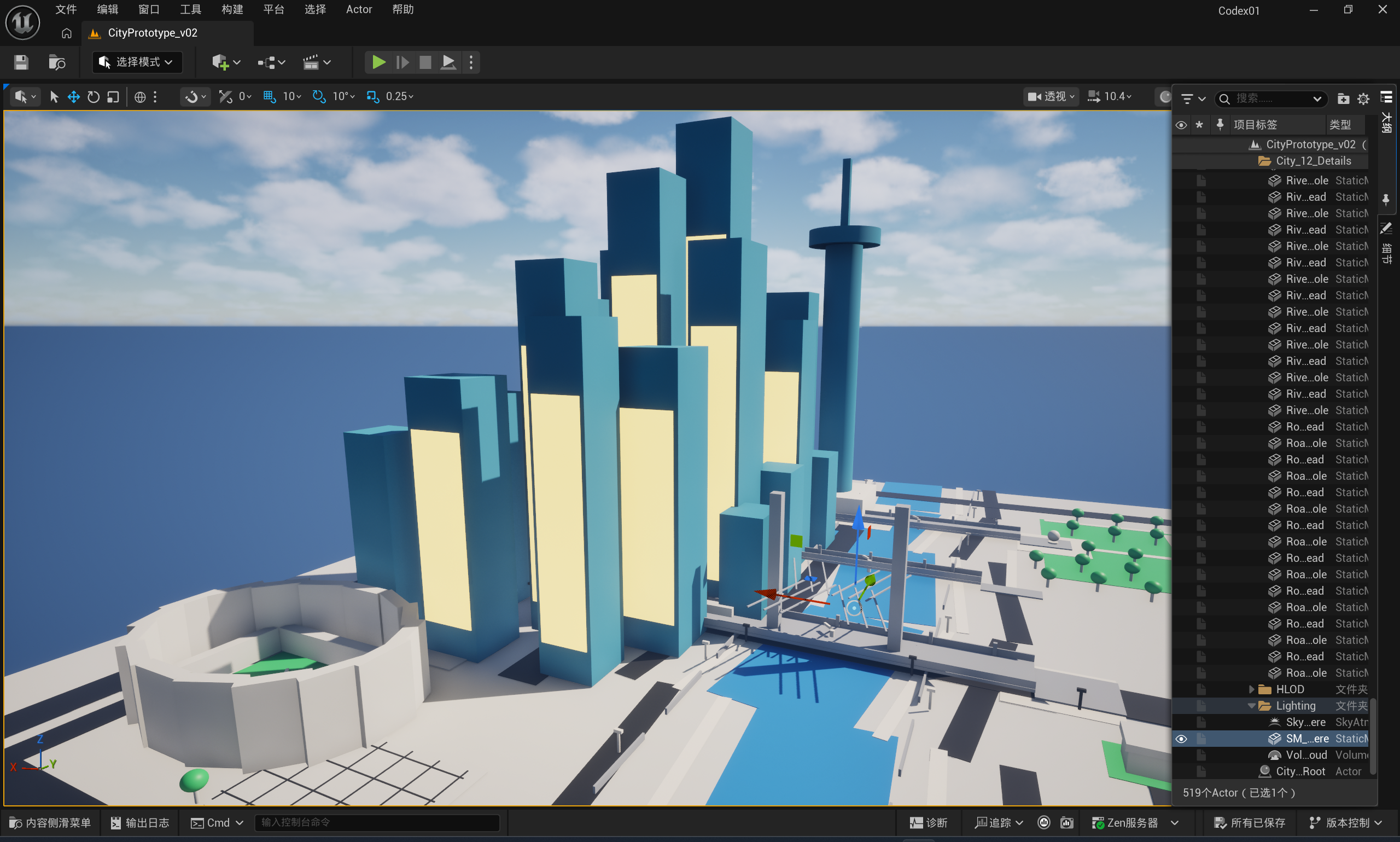 Codex 通过 Unreal MCP 编辑 CityPrototype 地图后的编辑器画面