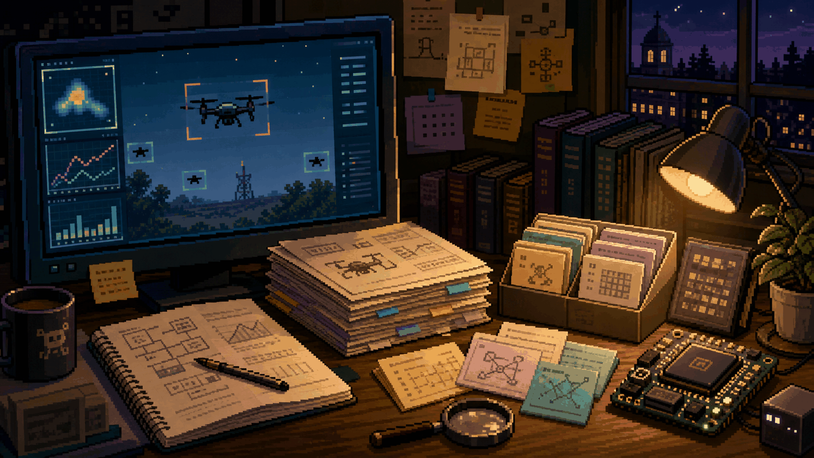 Pixel art computer vision research archive with drone detection screen.