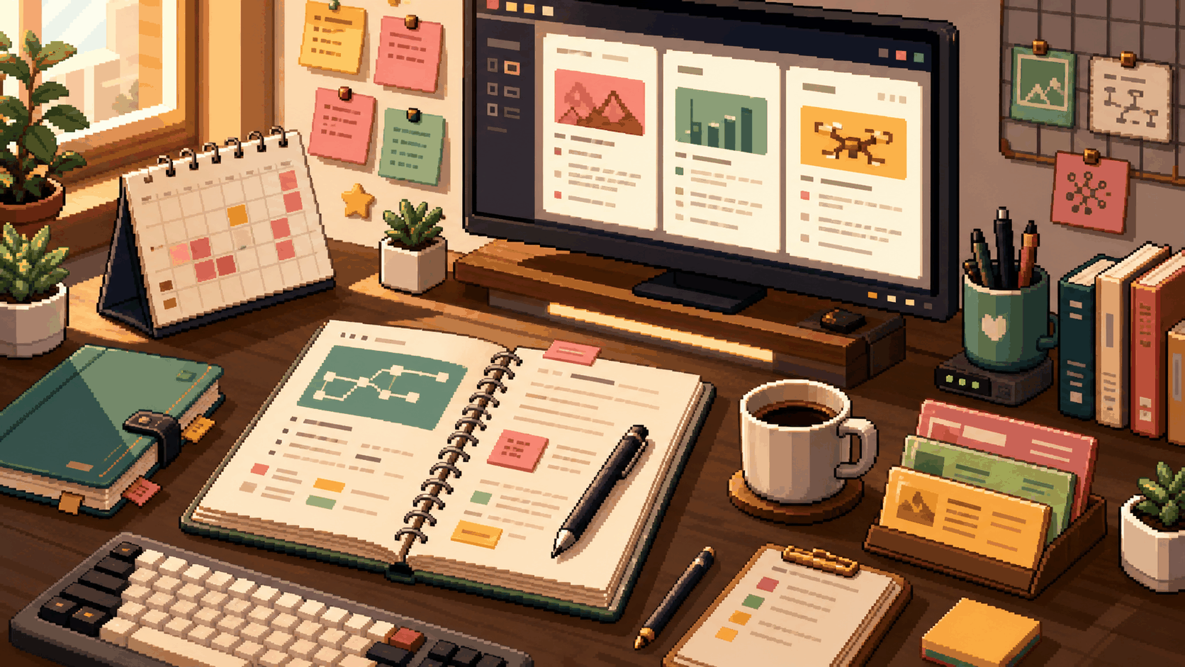Pixel art technical writing desk with article planning cards.